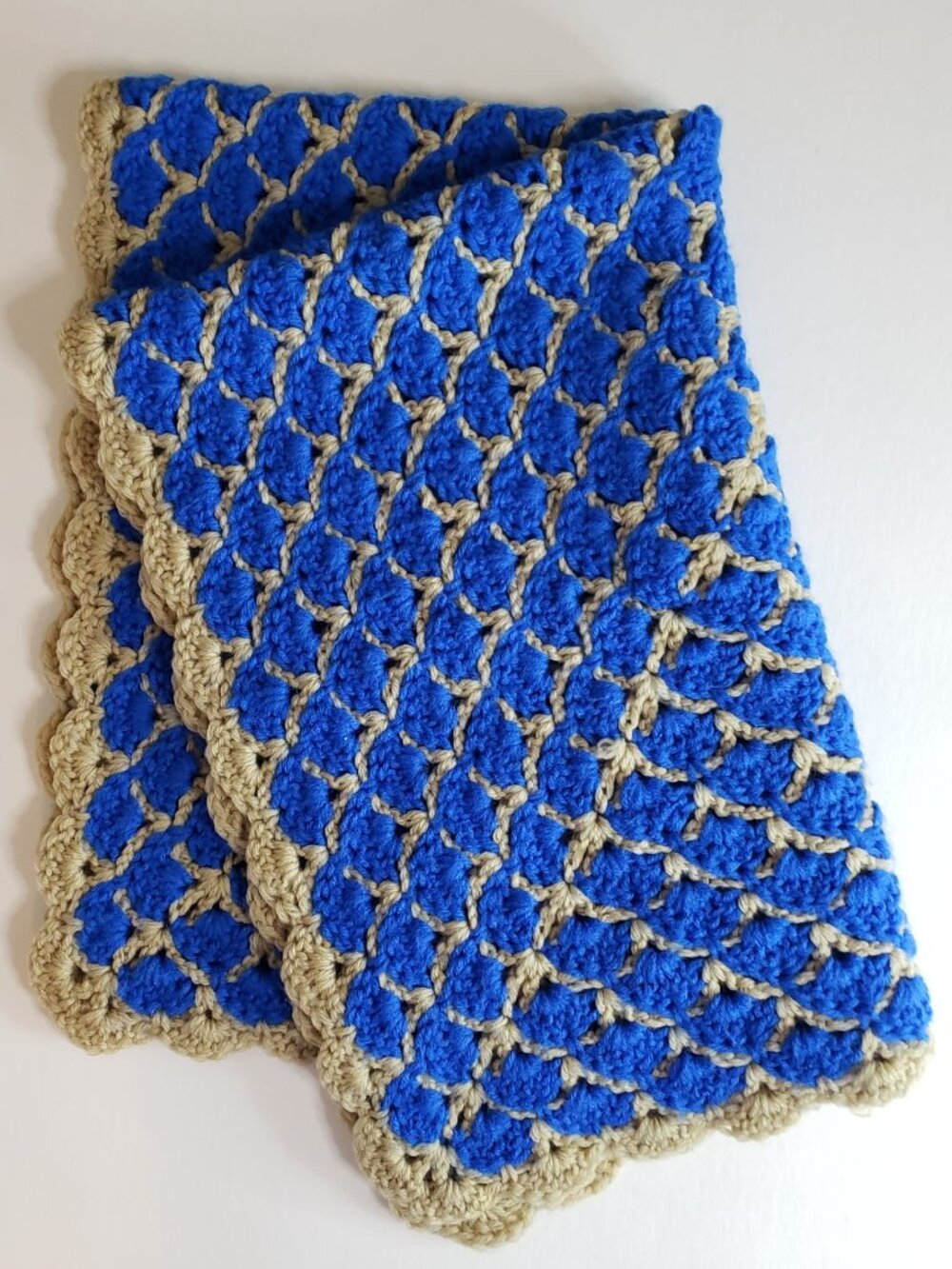 Handmade Crochet Afghan Throw Lap Blanket Blue Beige Soft Exellent 32"x23"